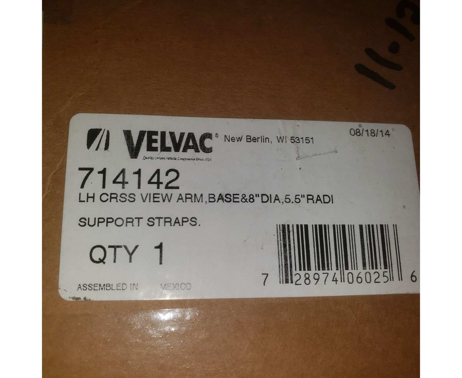Velvac 714142 Mirror LH CRSS View Arm,Base 8&quot; Dia,5.5&quot; Radi,Support Straps - $150.00