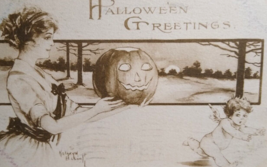 Halloween Postcard Kathryn Elliott Women With JOL Spooks Cherub Angel Sepia 1911 - £92.01 GBP
