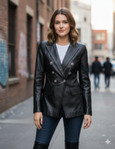 Zweireihiger Damen Lammleder Schwarz Blazer Formell Leder Echte Handarbeit - $316.20 CAD+