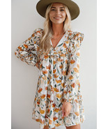 Yellow Floral Print Tie Neck Frilled Detail Long Sleeve Mini Dress - $28.69
