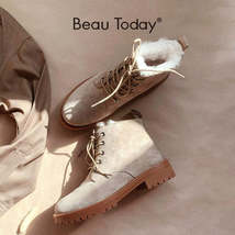 BEAU TODAY - Original Wool Snow Boots Women Genuine Leather Round Toe Lace-Up Pl - £319.74 GBP