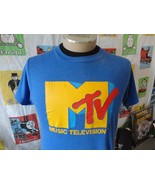 Vintage 80&#39;s MTV Music Television Original Tee Blue single Stitch T Shirt M - £63.11 GBP