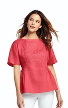 LANDS&#39; END Pink Peach LINEN TOP Size: 8 TALL New SHIP FREE Flowers Embro... - £46.98 GBP