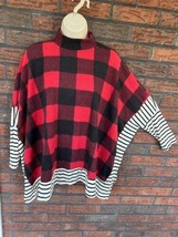 Red Black Buffalo Plaid Poncho Type Pullover Small Stripe Accent Long Sl... - £4.48 GBP