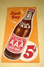 Vtg Triple Aaa Root Beer Oklahoma City Paper Advertising Sign 5 Cent Bottle Old - £21.90 GBP