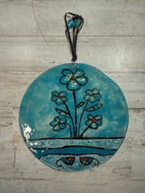 Handmade Round Painted Stained Glass Suncatcher Blue Flowers Bubbles 6 5/8&quot; - £13.41 GBP