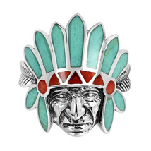 Native American Style Synthetic Coral-Green Turquoise Inlay .925 Silver Ring-8 - £24.40 GBP