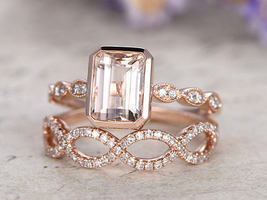 1.64Ct Emerald Cut Peach Morganite &amp; Diamond 14K Rose Gold Over Bridal Ring Set - £72.13 GBP