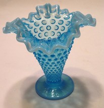 Fenton Blue White Opalescent Rim Hobnail 6&quot; Double Crimped Trumpet Vase Vintage - £17.40 GBP