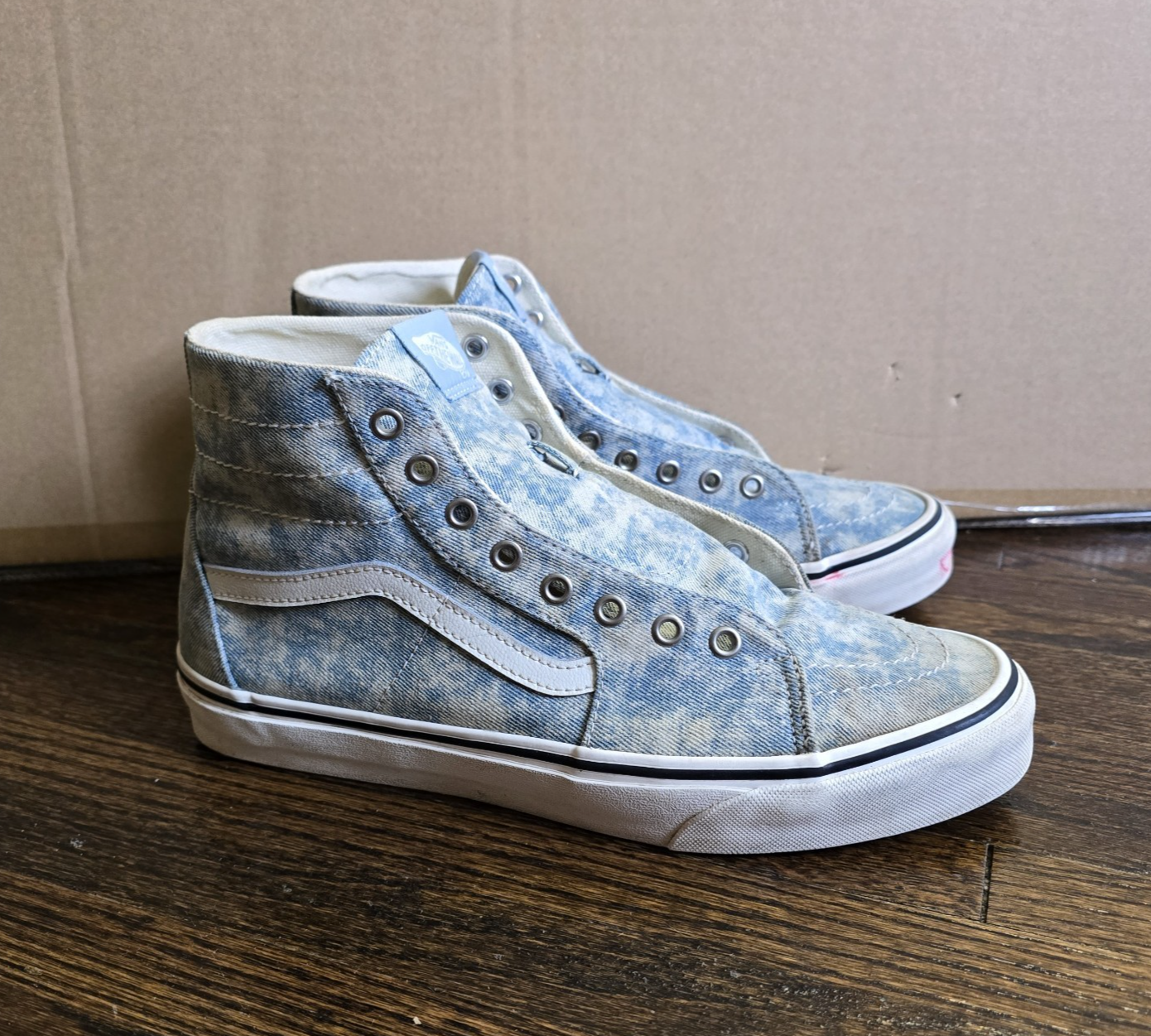 Vans Sk8 Hi Top Sneakers Denim Blue Shoes 721356 Mens size 10 No Laces Read - £18.73 GBP