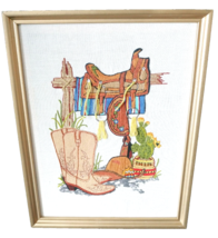 Western Americana Crewel Embroidery Wall Hanging Saddle Boots Cactus 17x13 - $42.06