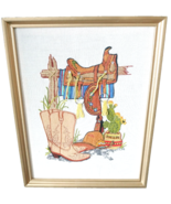 Western Americana Crewel Embroidery Wall Hanging Saddle Boots Cactus 17x13 - £33.08 GBP
