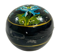 Black Lacquer Wood Floral Trinket Box 3&quot; Round Hand Painted Flowers Jewelry VTG - £21.97 GBP