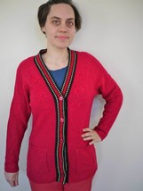 Vintage 60s Magenta Raspberry 100% WOOL Flower Granny Sweater Cardigan S... - £17.29 GBP