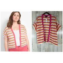 Lane Bryant Cardigan Sweater Size 18 20 Pink Yellow White Open Knit Crochet - £18.68 GBP