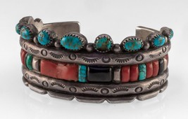 Navajo Ingot Silver Antique Cuff Bracelet w/ Coral, Jet, &amp; Turquoise Inl... - £3,883.57 GBP