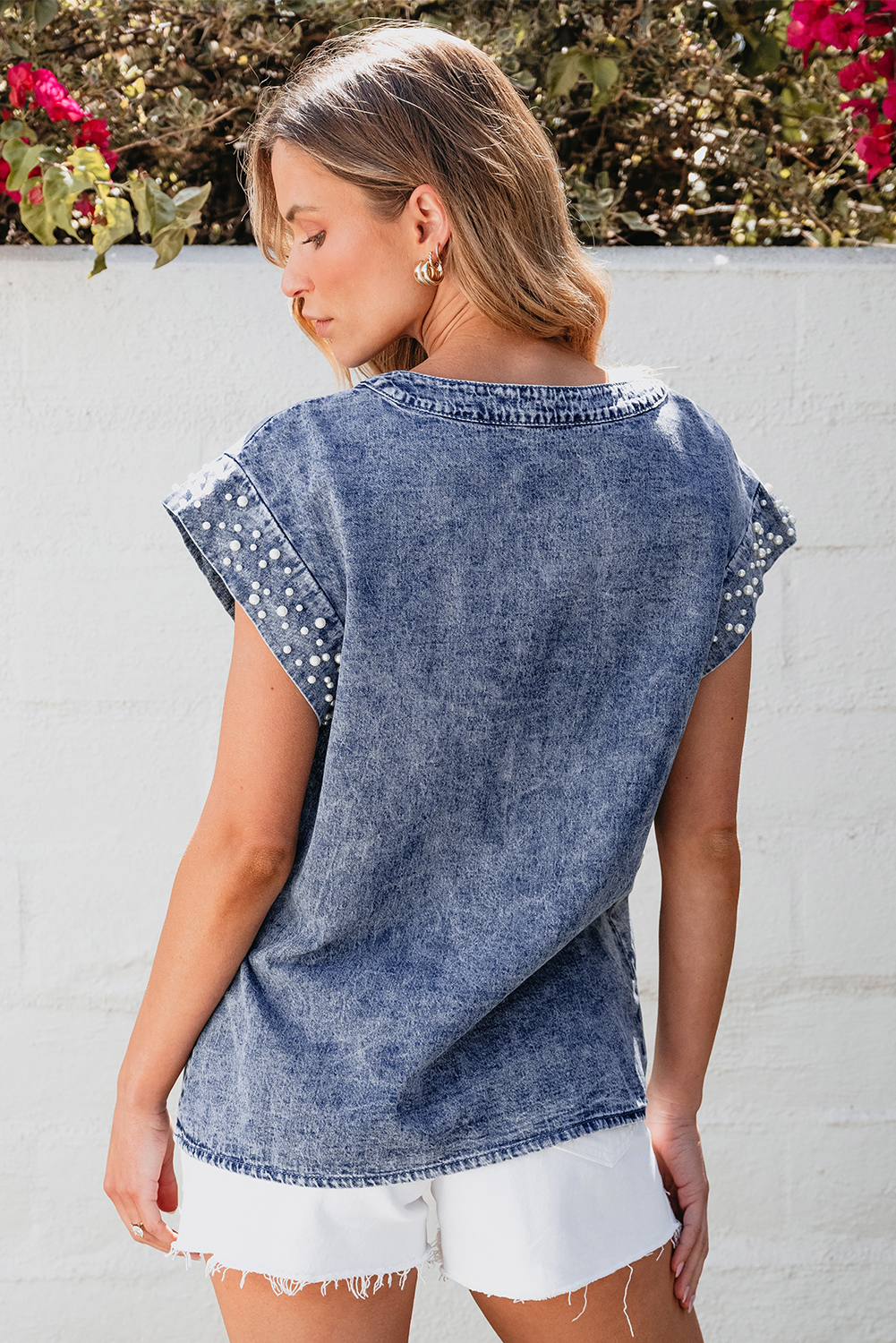 Dusk Blue Acid Wash Pearl Embellishments O-neck Denim Top Item image 2