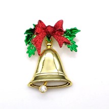 Vintage Christmas Bell Brooch, Holiday Red and Gold Lapel Pin, Whimsical... - $25.16