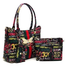 3-in-1 Multi Graffiti Print Tote with Crossbody Bag and Matching Wallet Shopper  - £76.18 GBP