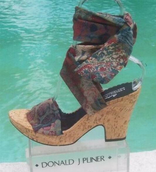 Donald Pliner Couture Hand Carved Cork Leather Platform Shoe New Silk Scarf $250