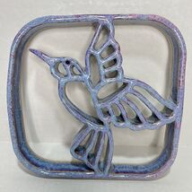 Bay Art Pottery Hummingbird Trivet Signed Blue Purple Drip Glaze 7" Wall... - $20.00
