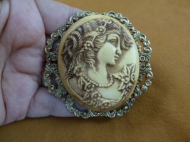 CL18-12) Large Beautiful Woman Lady Flowers Ivory + Tan Cameo Brooch Pin Pendant - £32.12 GBP