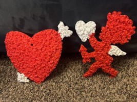 Vtg Melted Plastic Popcorn Valentines Day Cupid Heart Red White Decoration 2 Lot - £15.81 GBP