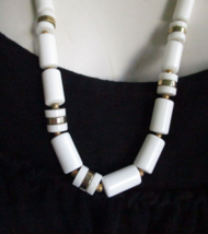 Vintage White Lucite Barrel Bead Necklace with Gold Highlights 27.5&quot; - $14.24