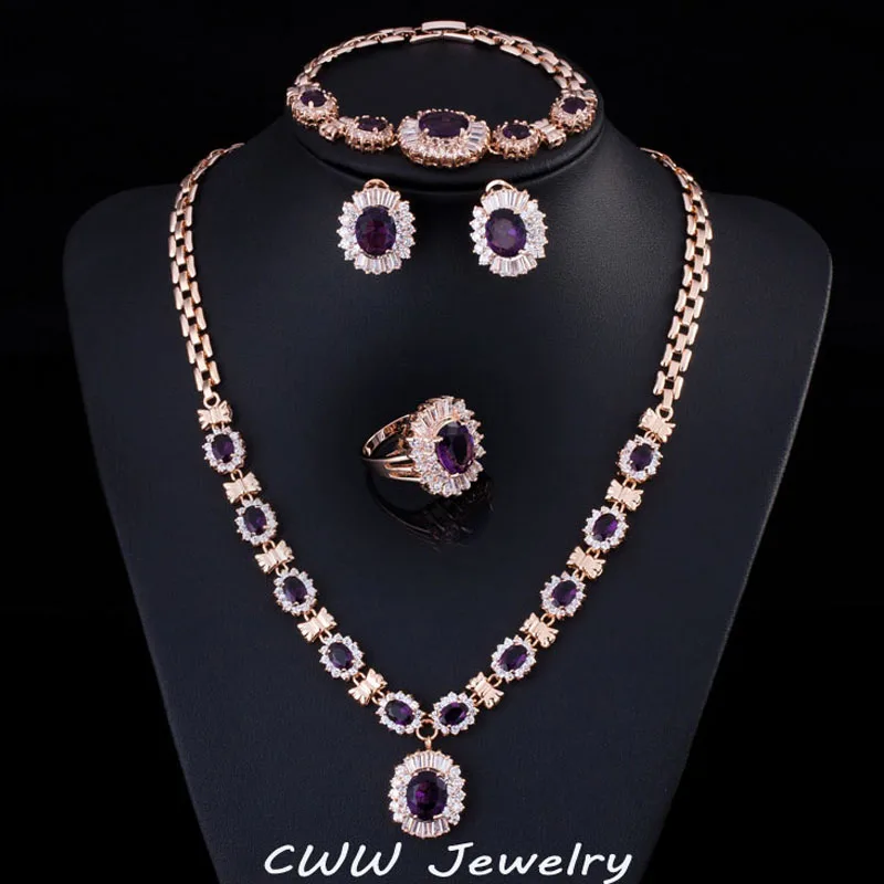 4 Piece Luxury Light Yellow Gold Color Indian Wedding Party Jewelry Sets Purple  - £44.42 GBP