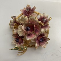 Large Pink Flower Floral Brooch Heavy Gold Plating &amp; Crystals Made In Au... - £34.79 GBP