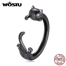 Adjustable Authentic 925 Sterling Silver Creative Black Cat Engagement Open Ring - £19.13 GBP