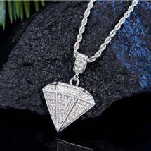Silver Iced Out Diamond Pendant Necklace Hip Hop Rapper Bling 30” Cuban Chain - £23.29 GBP