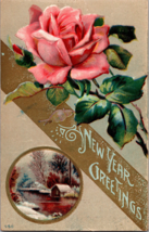 Vtg Postcard Embossed Winsch New Year Greetings Rose and Winter Cabin Scene - £5.36 GBP