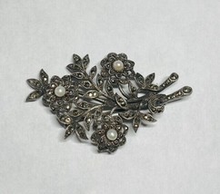 Vintage 1940&#39;s Silver 835 Marcasite and Freshwater Pearl Floral Bouquet ... - $129.97