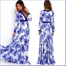 Ladies Empire Waist Flowing Full Flare Blue Roses Print V-Neck Long Sleeve Dress image 3
