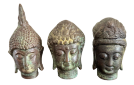 Vintage Set of 3 Southeast Asia Cast Bronze Buddha Heads - £308.83 GBP