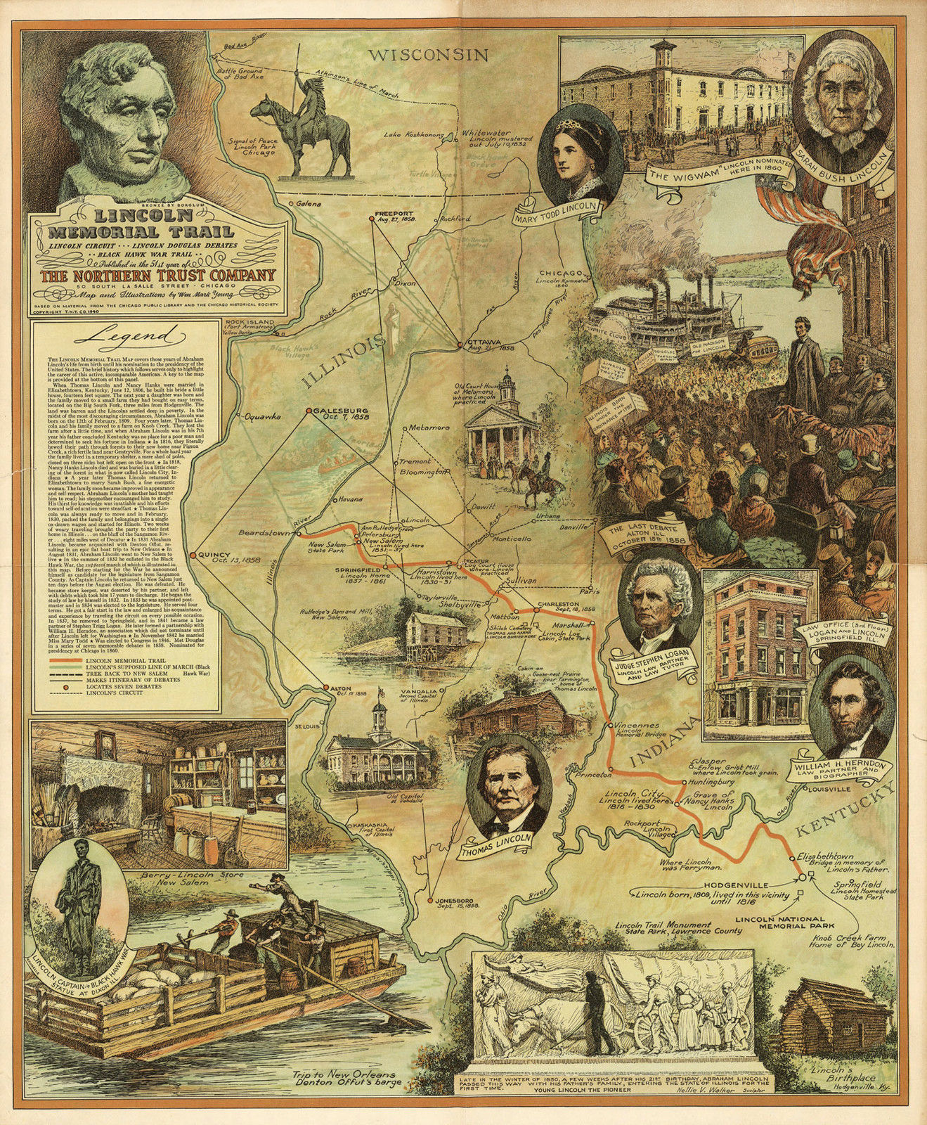 23"x28" - 1940 Pictorial Map Lincoln Memorial Trail Black Hawk War Art Poster - $26.24
