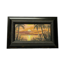 Tapestry Embroidery Picture Framed Sunrise Palm Trees Sailboat Beach Orange - $109.99