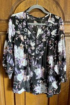 i Jeans by Buffalo Blouse Women’s Size M Black Purple Floral Sheer Tassel Tie - £20.90 GBP
