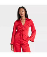 A New Day Women&#39;s Long Sleeve Satin Tie Blouse X-LARGE Red Silky Soft New - $498.99 MXN