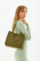 Khaki Green U45 Snap Closure The Tote Bag Embroidered Canvas Fabric Casual Women - £11.97 GBP