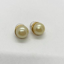 Vintage Faux Pearl Button Stud Pierced Earrings Gold Tone Disc Off White - £6.17 GBP