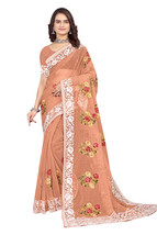 Designer Dusty Peach Multi Resham Embroidery Sari Organza Party Wear Saree - £65.60 GBP