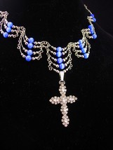 Medieval cross necklace / blue cats eye / religious jewelry / vintage bib neckla - £145.84 GBP