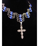 Medieval cross necklace / blue cats eye / religious jewelry / vintage bi... - $195.00