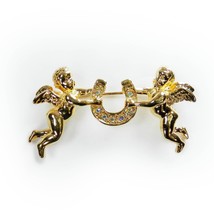 Kirk&#39;s Folly Cherubs Holding Horseshoe Lucky Angel Gold Tone Aurora Borealis - £28.50 GBP