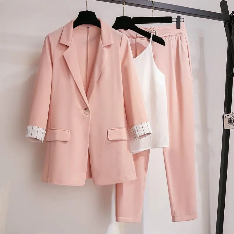 Korean Elegant Women&#39;s Suit Female Blazer Leisure Pants Tweed Suit Jacket Three  - £100.83 GBP
