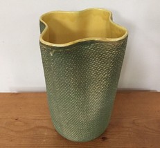 Vintage 40s Shawnee USA Pottery Vase #880 Green Burlap Texture Yellow Gl... - $36.99
