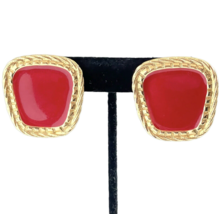 Avon Vintage Earrings Pierced Red Enamel Gold Tone Square Posts Statement 1.25&quot; - £12.73 GBP