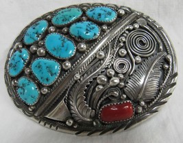 Vtg Old Pawn Native American Navajo Sterling Silver Turquoise 3&quot; Belt Buckle 51g - £508.04 GBP